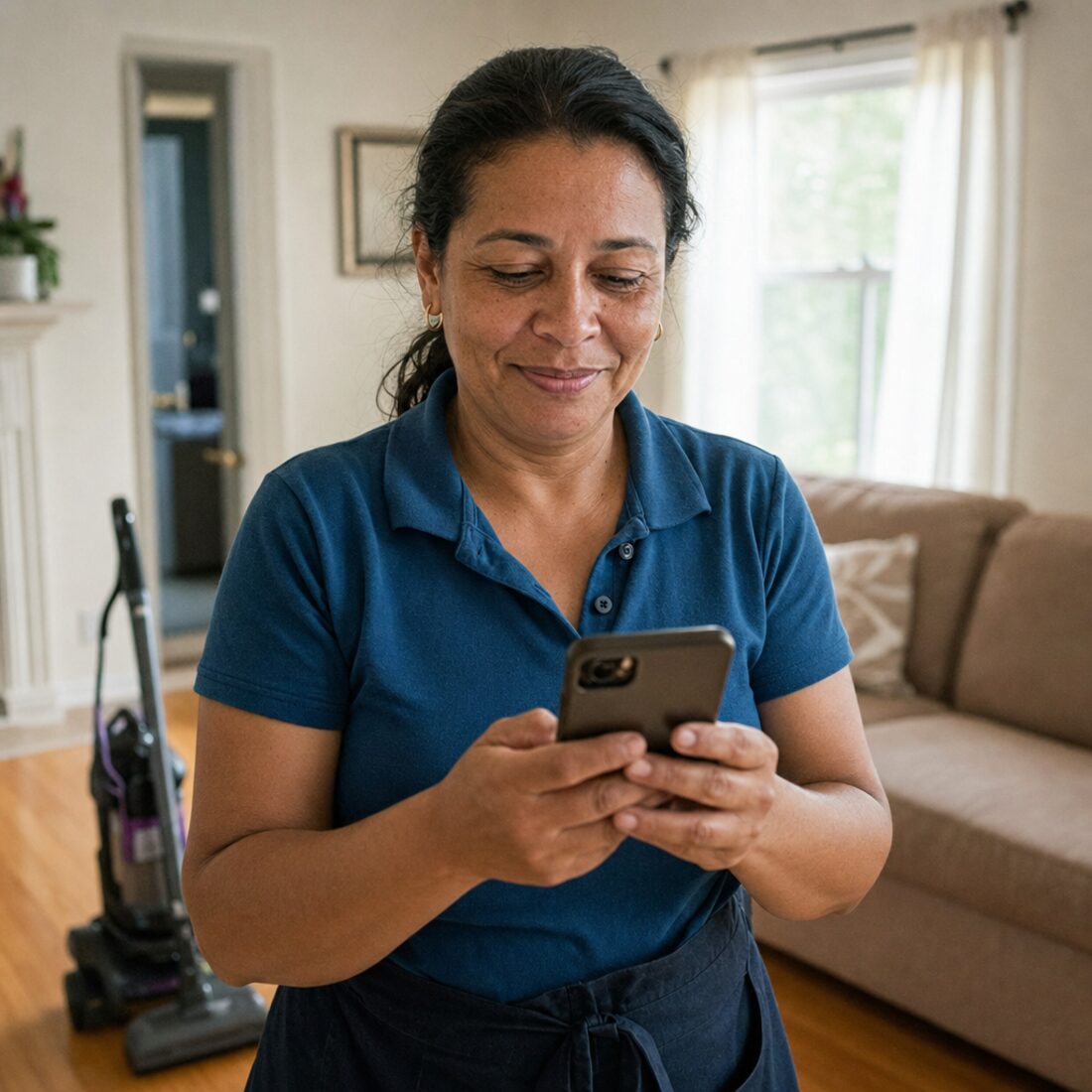 Brasileira que faz cleaning nos Estados Unidos respondendo o cliente pelo celular