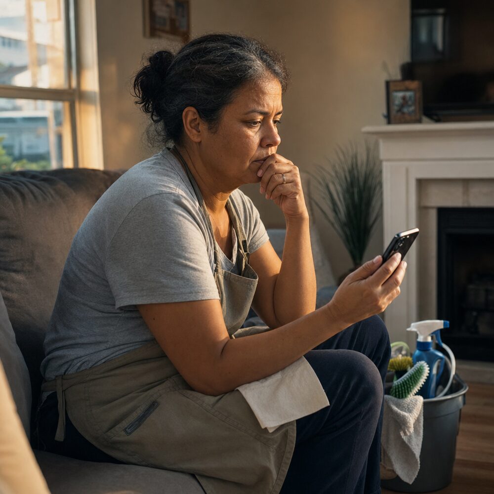Faxineira parada olhando o celular sem saber o que responder